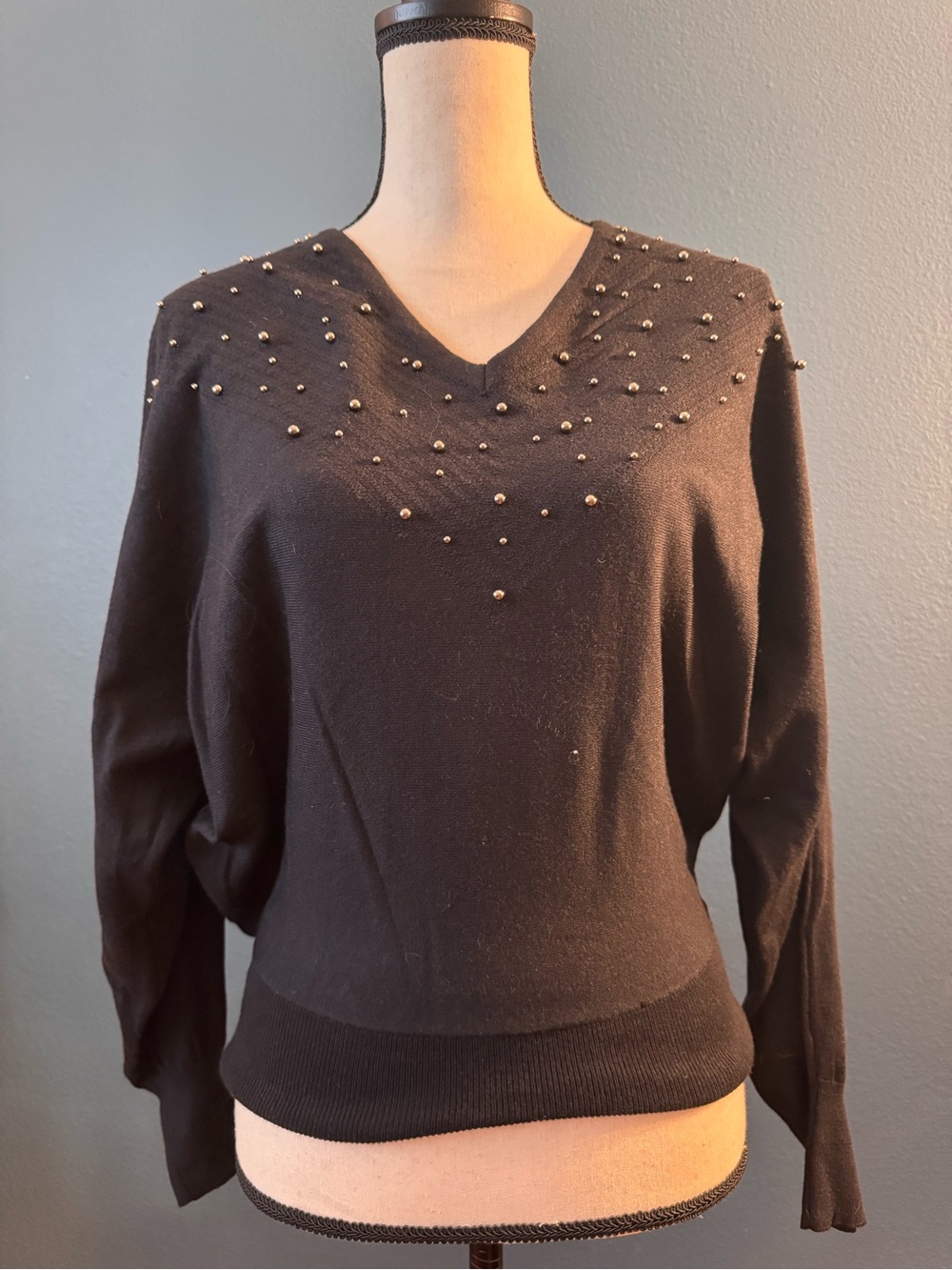 Carmen Marc Valvo Black V-Neck Sweater with Studs